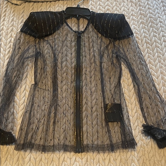 Zhivago Sheer Black Mesh Zip-Up Blouse with Puffed Shoulders - Picture 6 of 6